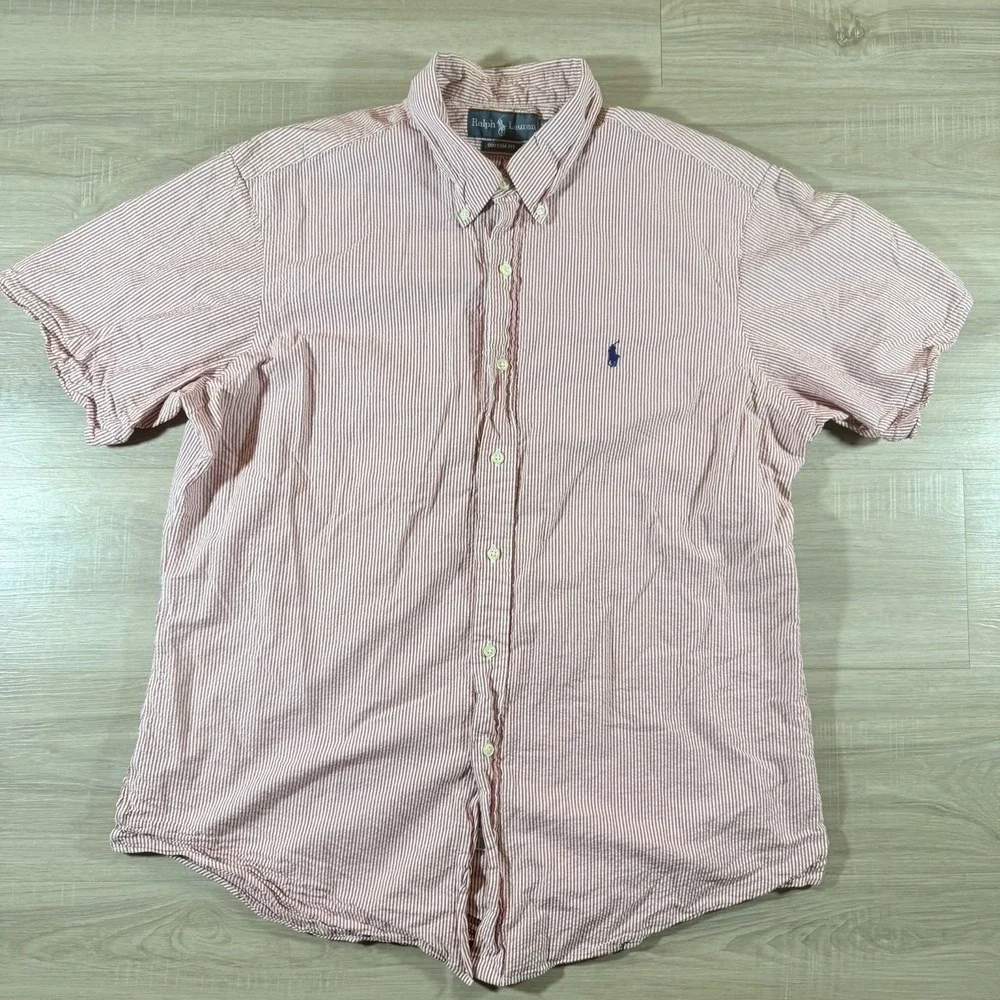 VTG  Polo Ralph Lauren Pink White Striped Seersucker Short Sleeve‎ Mens XL